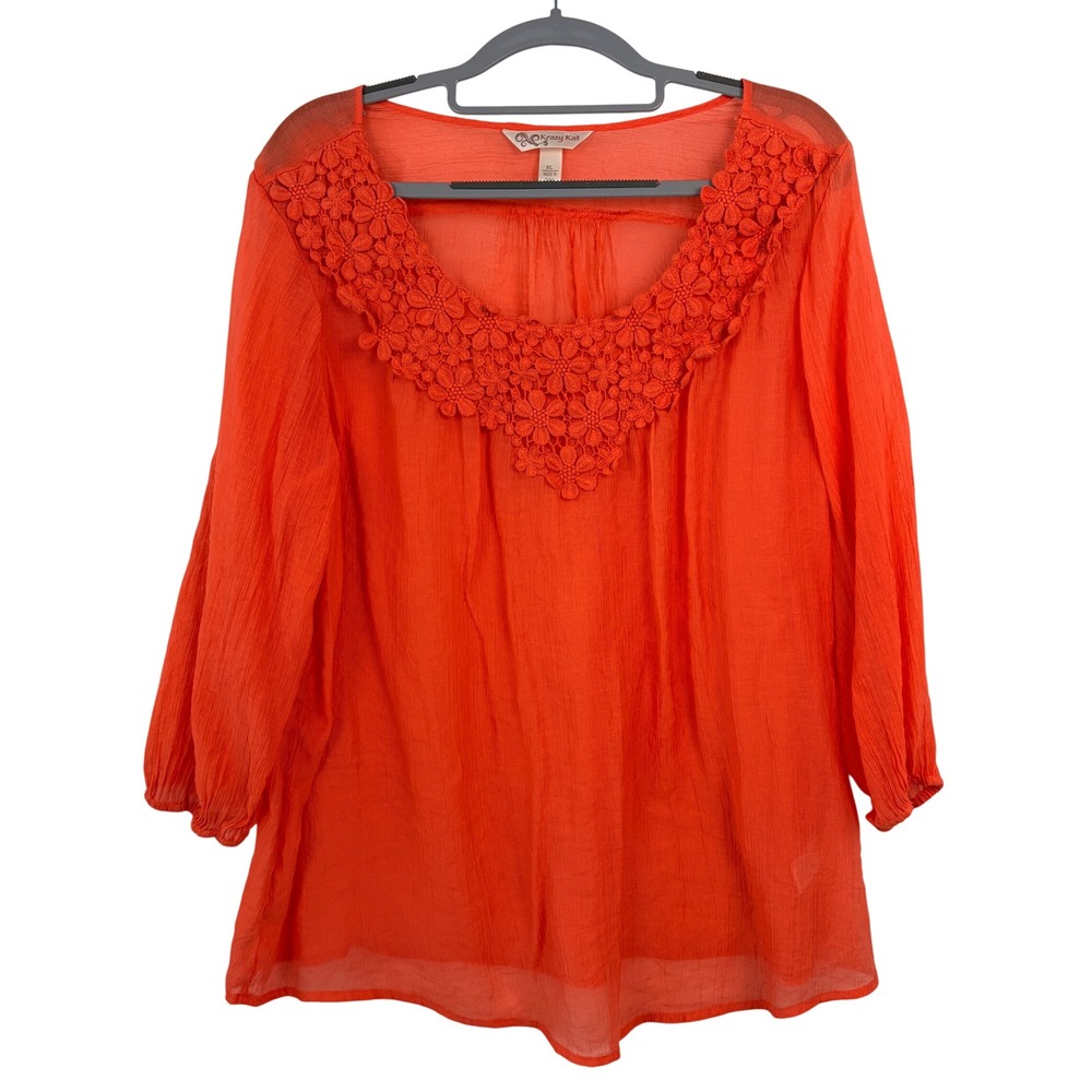 Krazy Kat Crochet Lace Peasant Blouse XL Coral Orange